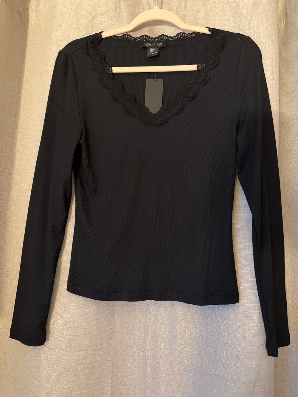 Rachel Zoe Black Scalloped Lace V-Neck Long Sleeve Top
